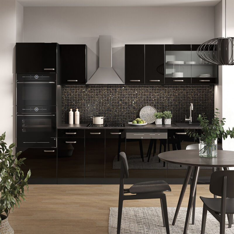 Vicco - Cuisine R-Line, Noir brillant/Anthracite, 300 cm avec armoire haute, sans plan de travail