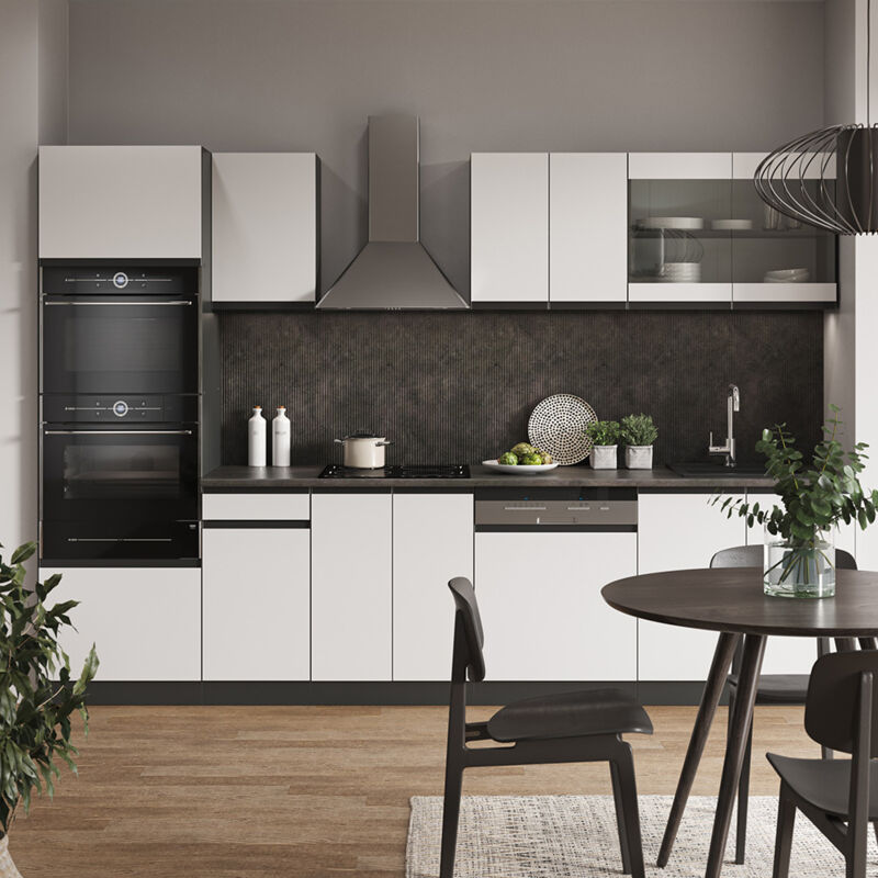 Vicco - Cuisine R-Line, blanc/anthracite, 300 cm J-Shape, avec armoire haute, sans plan de travail