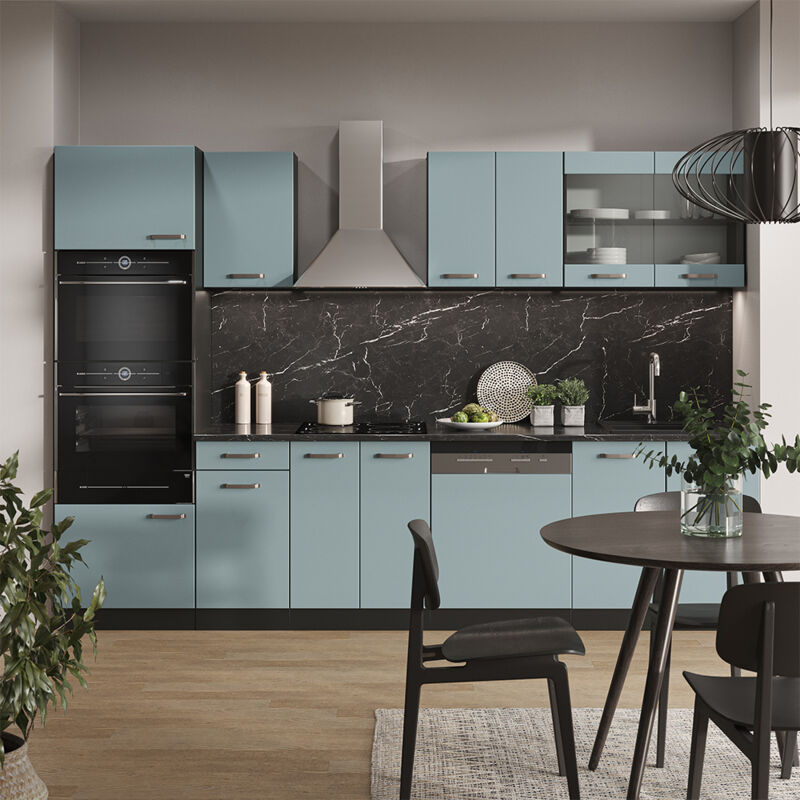 Vicco - Cuisine R-Line, Bleu-gris/anthracite, 300 cm avec armoire haute, sans plan de travail