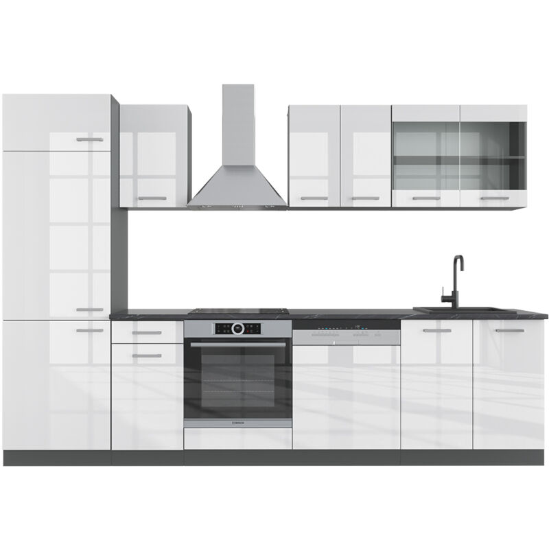 Vicco - Cuisine R-Line, Blanc brillant/Anthracite, 300 cm sans plan de travail