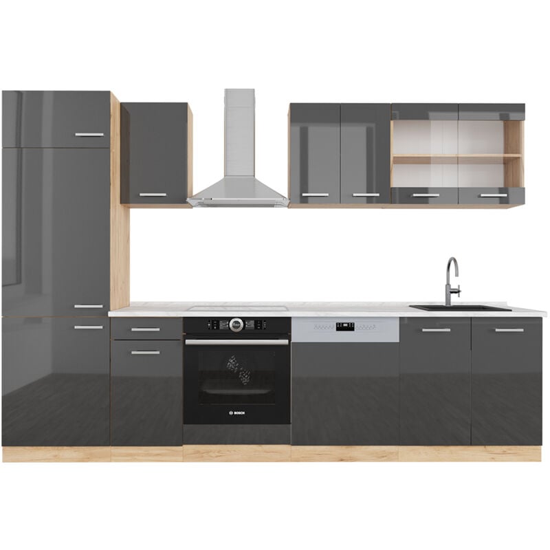 Cuisine R-Line, Anthracite brillant/Chêne doré, 300 cm, PT Marbre, Vicco