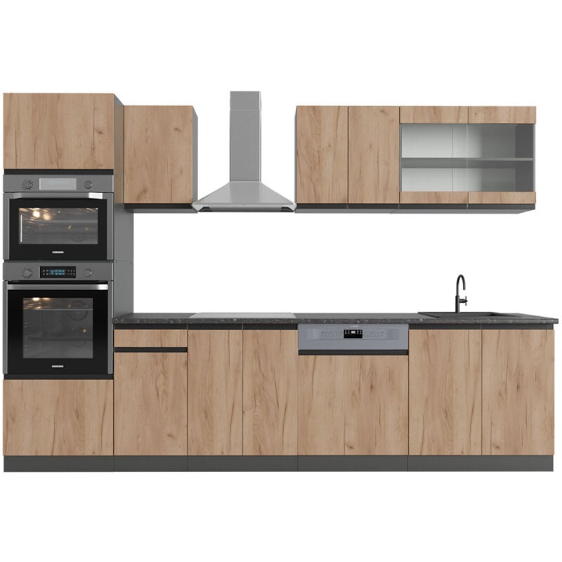 Cuisine R-Line, Chêne doré/anthracite, 300 cm J-Shape, avec armoire haute, sans plan de travail Vicco