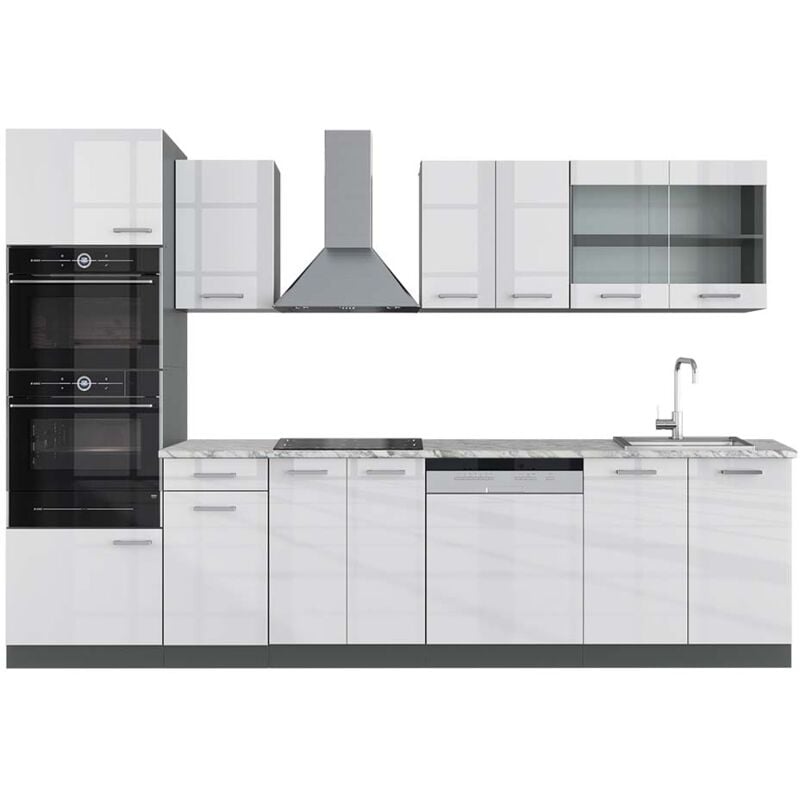 Vicco - Cuisine R-Line, Blanc brillant/Anthracite, 300 cm avec armoire haute, pt Marbre