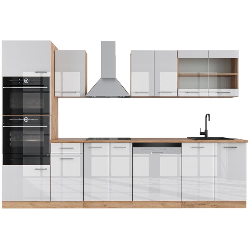 Vicco - Cuisine R-Line, Blanc brillant/Chêne doré, 300 cm avec armoire haute, pt Chêne