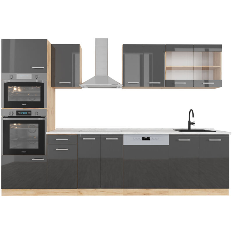 Vicco - Cuisine R-Line, Anthracite brillant/Chêne doré, 300 cm avec armoire haute, pt Marbre