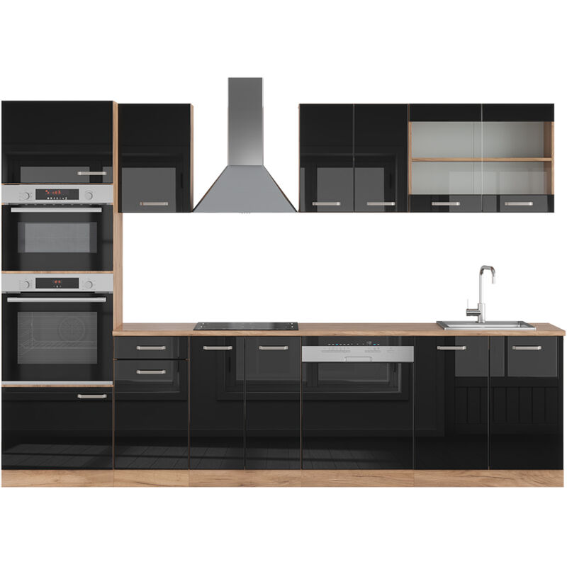 Vicco - Cuisine R-Line, Noir brillant/Chêne doré, 300 cm avec armoire haute, pt Chêne