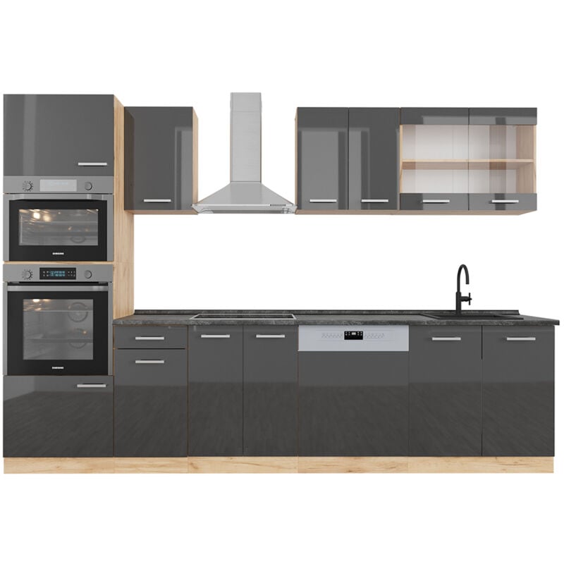 Vicco - Cuisine R-Line, Anthracite brillant/Chêne doré, 300 cm avec armoire haute, pt Anthracite