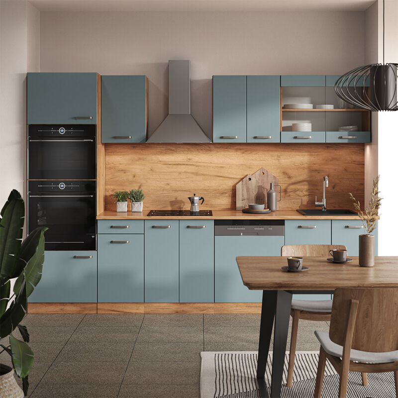 Vicco - Cuisine R-Line, Bleu-gris/chêne doré, 300 cm avec armoire haute, sans plan de travail