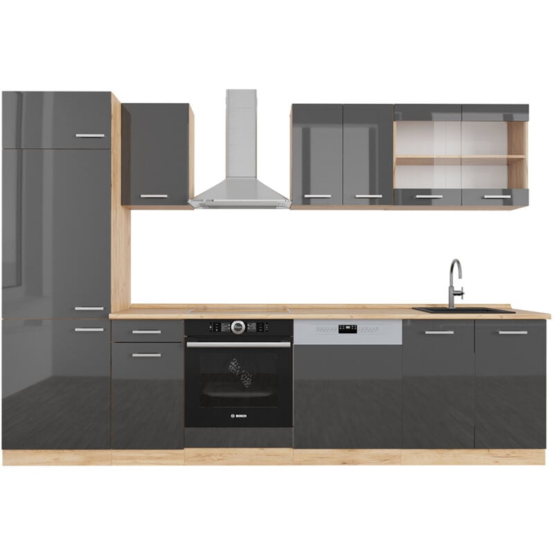 Vicco - Cuisine R-Line, Anthracite brillant/Chêne doré, 300 cm, pt Chêne