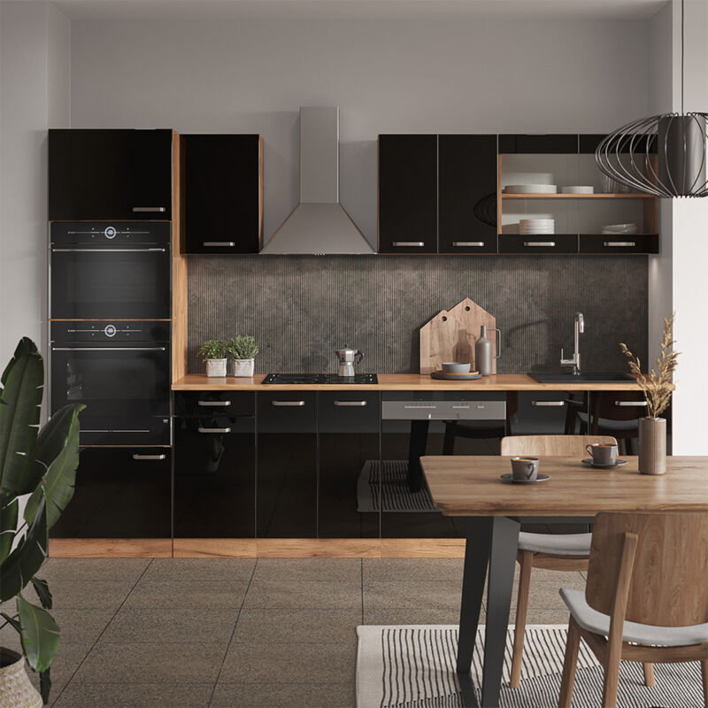 Vicco - Cuisine R-Line, Noir brillant/Chêne doré, 300 cm avec armoire haute, sans plan de travail