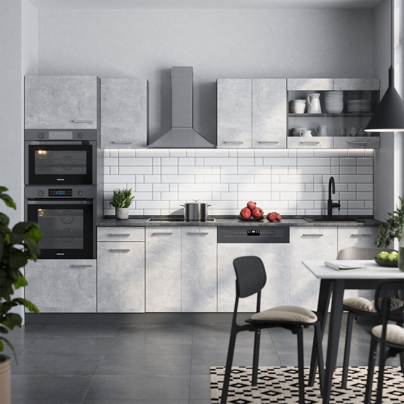 Vicco - Cuisine R-Line, Béton/Anthracite, 300cm avec armoire haute, pt Anthracite