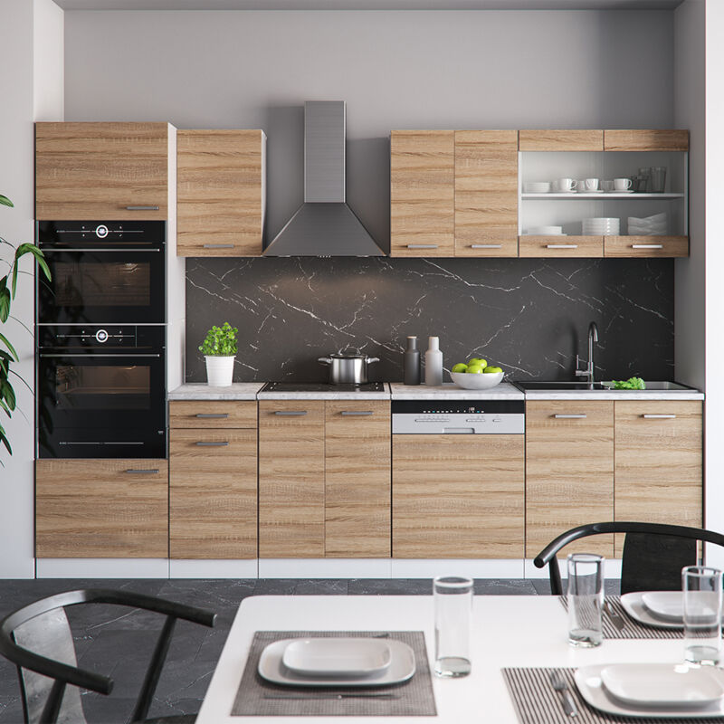 Vicco - Cuisine R-Line, Sonoma, 300 cm avec armoire haute, pt Marbre