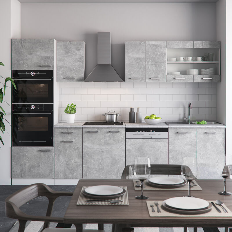 Vicco - Cuisine R-Line, Béton, 300 cm avec armoire haute, sans plan de travail