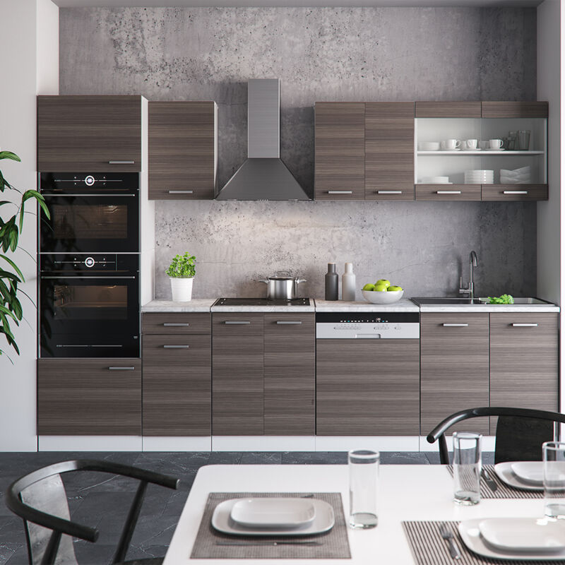 Vicco - Cuisine R-Line, gris noble/blanc, 300 cm avec armoire haute, pt Marbre