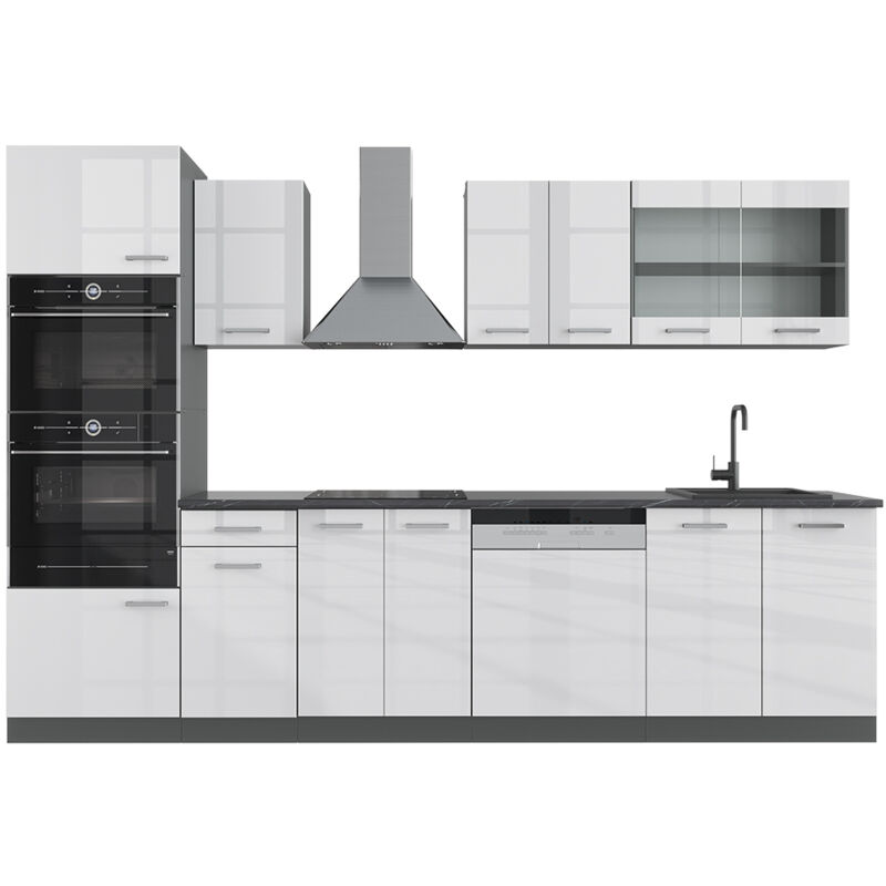 Vicco - Cuisine R-Line, Blanc brillant/Anthracite, 300 cm avec armoire haute, sans plan de travail