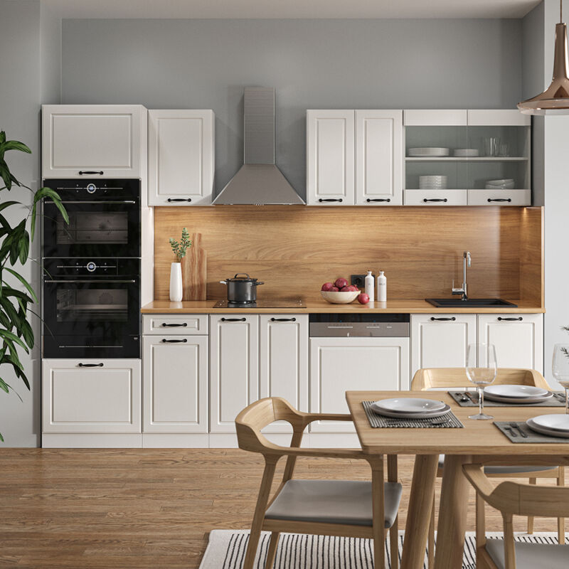 Vicco - Cuisine R-Line, Blanc campagne/blanc, 300 cm avec armoire haute, sans plan de travail