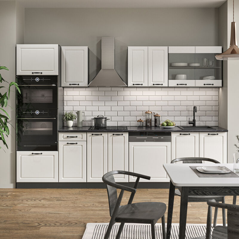 Vicco - Cuisine R-Line, Blanc cottage/anthracite, 300 cm avec armoire haute, sans plan de travail