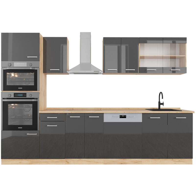 Vicco - Cuisine R-Line, Anthracite brillant/Chêne doré, 300 cm avec armoire haute, sans plan de travail