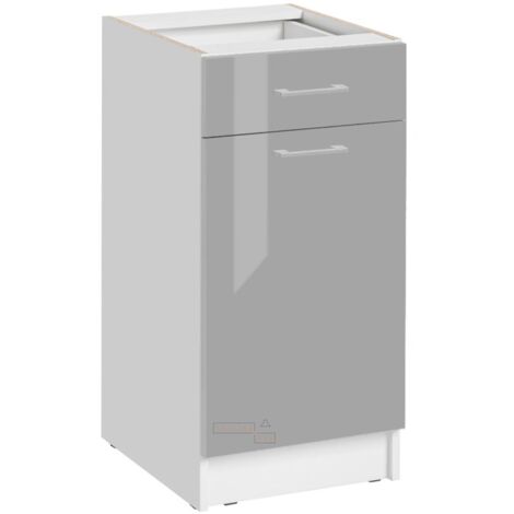 Cuisineandcie – Meuble bas de cuisine 1 porte 1 tiroir L 40 cm – Finition gris laqué brillant – Dimensions H 82 x P 46 cm – Rangement optimisé