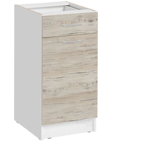 Cuisineandcie – Meuble bas de cuisine 1 porte 1 tiroir L 40 cm – Finition noyer blanchi – Amortisseurs pour fermeture douce – Rangement esthétique et compact