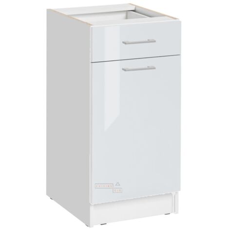 Cuisineandcie – Meuble bas de cuisine blanc brillant 1 porte 1 tiroir – Dimensions L 40 x H 82 x P 46 cm – Compatible avec aménagements ECO