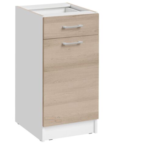 Cuisineandcie – Meuble bas de cuisine en chêne naturel 1 porte 1 tiroir – Dimensions L 40 x H 82 x P 46 cm – Charnières réglables pour fermeture douce