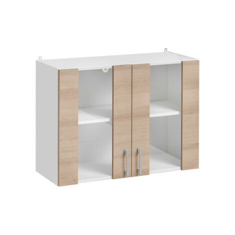 Cuisineandcie – Meuble haut de cuisine chêne naturel 2 portes vitrées L 80 cm – Amortisseurs pour fermeture automatique – Rangement vaisselle design