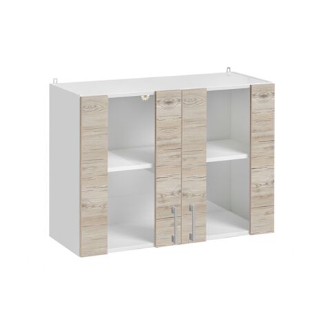Cuisineandcie – Meuble haut de cuisine 2 portes vitrées – Noyer blanchi – L 80 x H 60 x P 32 cm – Charnières réglables renforcées – Étagère intégrée