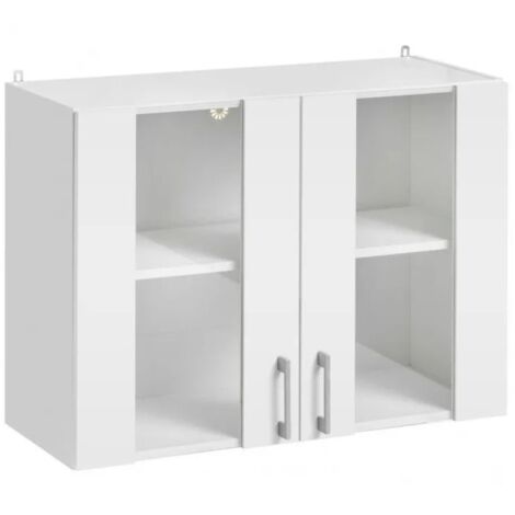 Cuisineandcie – Meuble haut de cuisine blanc 2 portes vitrées L 80 cm – Charnières réglables renforcées – Amortisseurs pour fermeture automatique