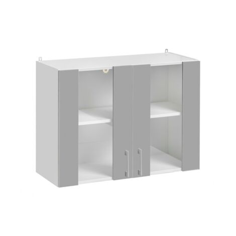 Cuisineandcie – Meuble haut de cuisine gris brillant 2 portes vitrées – Dimensions L 80 x H 60 x P 32 cm – Amortisseurs de fermeture automatique