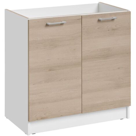 Cuisineandcie – Meuble sous évier 2 portes – Chêne naturel – Dimensions L 80 x H 82 x P 46 cm – Vide sanitaire 12 cm pour installation facile