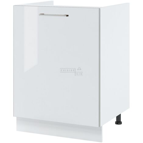 Cuisineandcie – Meuble sous-évier blanc brillant 1 porte L 60 cm – Finition brillante proche du verre – Charnières renforcées et réglables – Amortisseurs silencieux