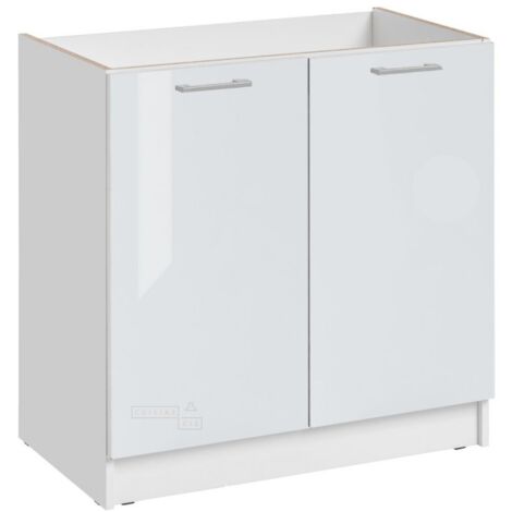 Cuisineandcie – Meuble sous évier blanc brillant 2 portes – Dimensions L 80 x H 82 x P 46 cm – Façades proches du verre – Amortisseurs pour fermeture douce