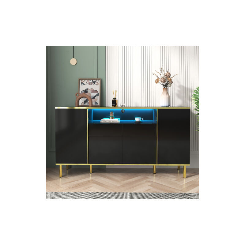 Cuisinier, Cuisinier noir haut brillant Kommode avec 2 tiroirs Commode chambre Cuisinier, Cuisinier noir haut brillant B150 / T40 / H80cm