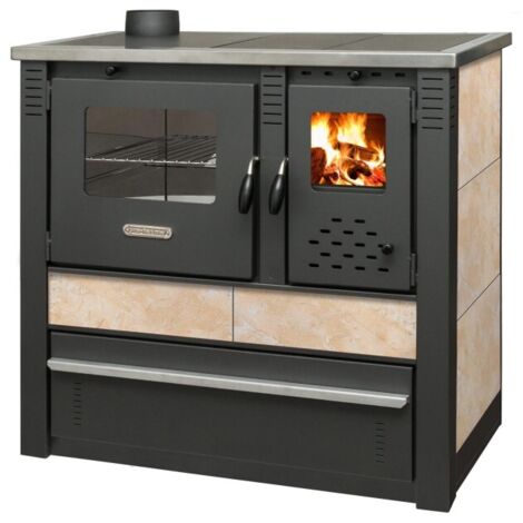 Cuisinière à bois 10 kW A+ – Four intégré – Revêtement céramique beige – Surface de chauffe 60-80 m² – Évacuation droite
