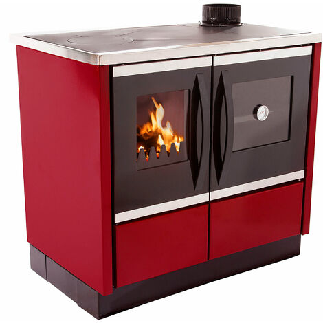 main image of "Cuisinière à bois 12kW avec four et plaque de cuisson en fonte, en acier émaillé rouge - Rouge"