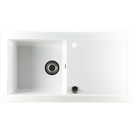 Cuisissimo – Évier céramique blanc 92x49 cm à encastrer – 1 bac réversible avec égouttoir – Vidage automatique inclus – Pour meuble sous évier 60 cm