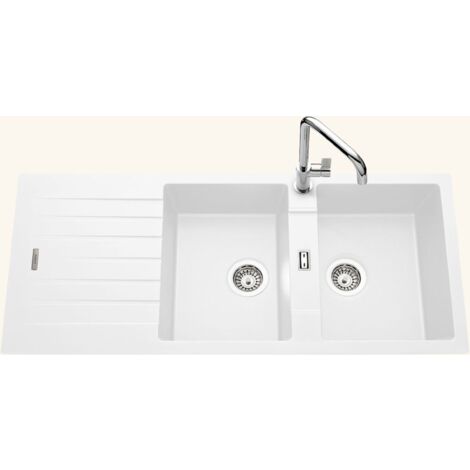 Cuisissimo – Évier granit blanc 116x50 cm – 2 bacs réversibles – Évier encastrable avec vidage manuel – Bonde et siphon inclus