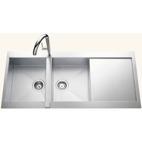 Cuisissimo – Évier inox encastrable 116x52 cm – 2 bacs réversibles – Vidage automatique – Bonde et siphon inclus – Pour meuble sous évier 80 cm