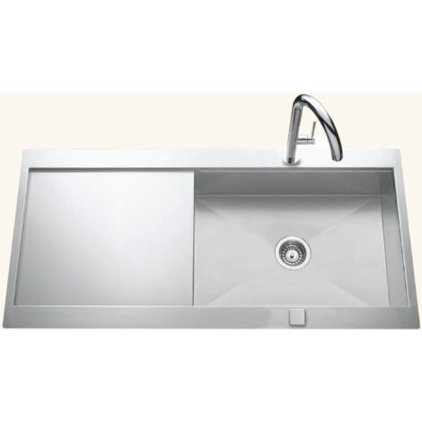 Cuisissimo – Évier inox lisse 100x52 cm – 1 grand bac réversible – Évier à encastrer avec vidage automatique – Bonde et siphon inclus