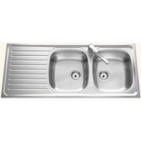 Cuisissimo – Évier inox lisse 116x50 cm – 2 bacs réversibles – Évier à encastrer avec vidage manuel – Bonde et siphon inclus
