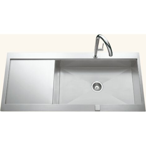 Cuisissimo – Évier inox lisse 116x52 cm – 1 bac réversible avec vidage automatique – Bonde et siphon inclus – Pour meuble sous évier 80 cm minimum