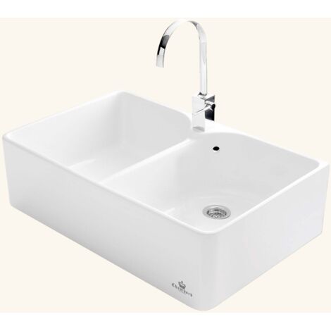 Cuisissimo – Évier timbre d'office céramique blanc 2 bacs – Pose à poser – Bonde et siphon inclus – Dimensions 795x500mm