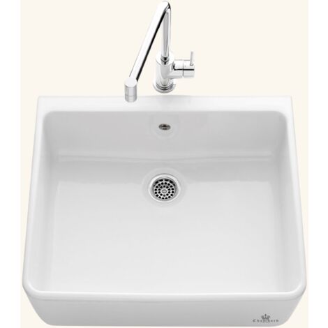 Cuisissimo – Évier timbre d'office céramique blanc 60x50 cm – 1 bac sans égouttoir – Vidage manuel – Bonde et siphon inclus