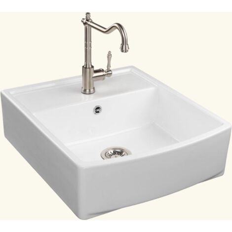 Cuisissimo – Évier timbre d'office céramique blanc 68,6x60 cm – 1 bac – Pose à poser – Vidage manuel – Bonde et siphon inclus