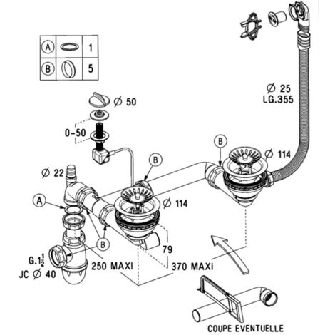 Cuisissimo – Vidage complet évier 2 bacs – Bonde Ø 114 mm – Compatible éviers Subway – Installation rapide et facile – Système automatique - CUIPD018