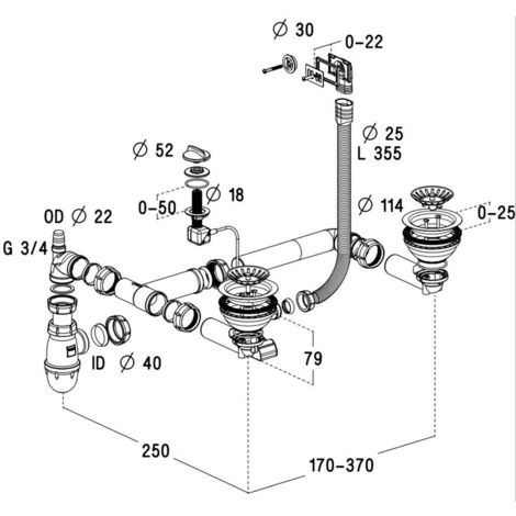 Cuisissimo – Vidage complet évier 2 bacs – Siphon gain de place pour éviers CLEYA – Diamètre 90 mm – Installation simple et efficace - CUIPD172