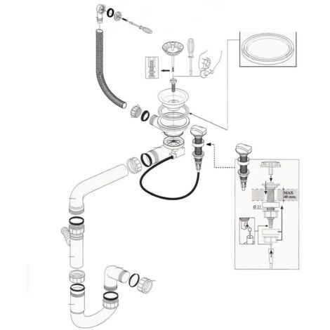 Cuisissimo – Vidage complet évier 1 bac – Siphon automatique 90 mm pour éviers ICAUNA, FUSION, TUNIA – Installation facile - CUIPD013