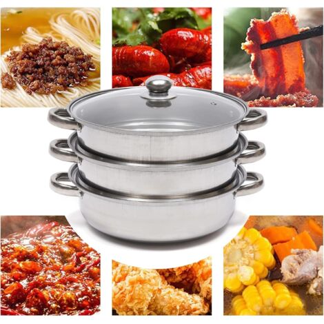 Cuit-vapeur 3 couches avec couvercle en verre Cuit-vapeur Pot de cuisson Cuit-vapeur de légumes Cuit-vapeur de soupe Appareils de cuisine Diamètre empilable Couvercle en verre inoxydable Marmite de cu