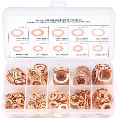 Cuivre Rondelles Metal, Joints Bague D'étanchéité, Rondelles Plates, Joint Torique avec Boîte pour L'étanchéité - 200 Pcs/M5 M6 M8 M10 M12 M14